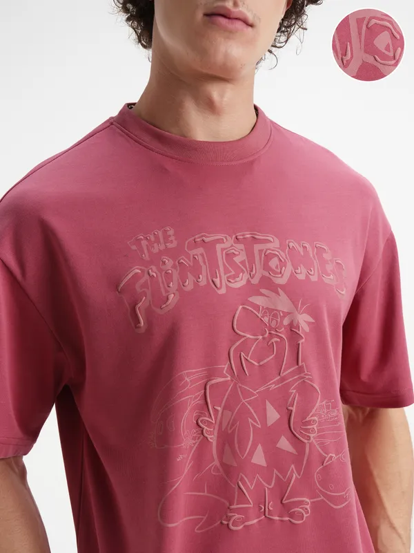 WB By Highlander Men Rust Flintstones Printed Round Neck Oversized Fit T-Shirt