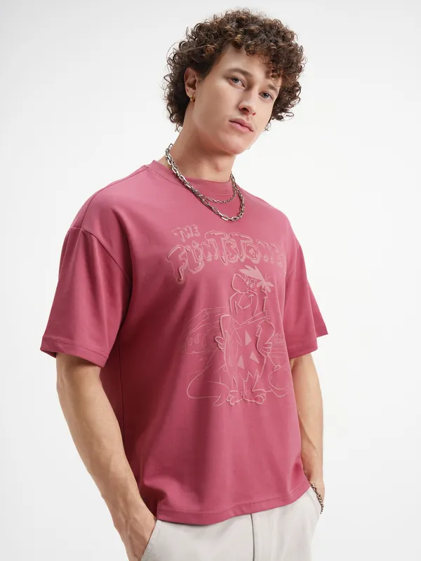 WB By Highlander Men Rust Flintstones Printed Round Neck Oversized Fit T-Shirt