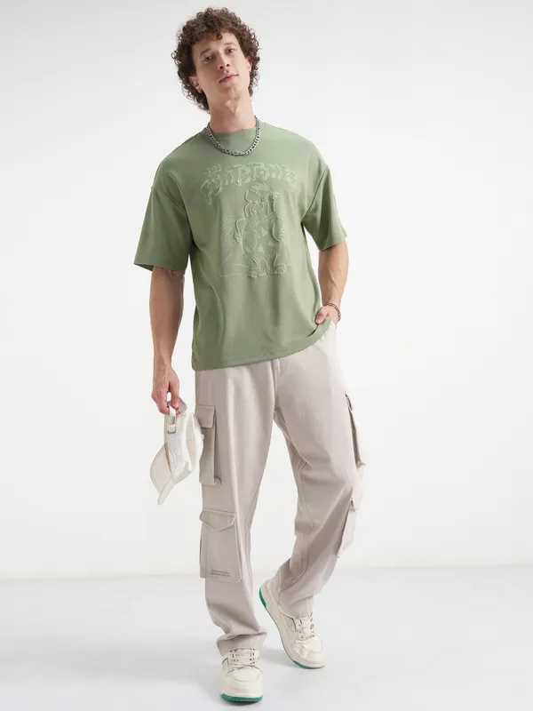 WB By Highlander Men Olive Flintstones Printed Round Neck Oversized Fit T-Shirt