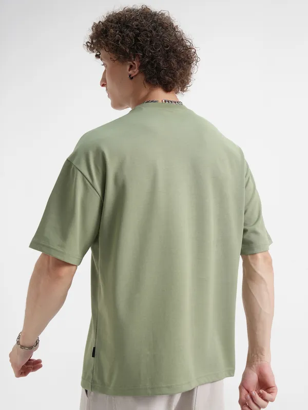 WB By Highlander Men Olive Flintstones Printed Round Neck Oversized Fit T-Shirt