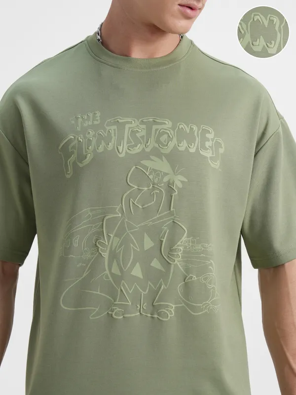 WB By Highlander Men Olive Flintstones Printed Round Neck Oversized Fit T-Shirt