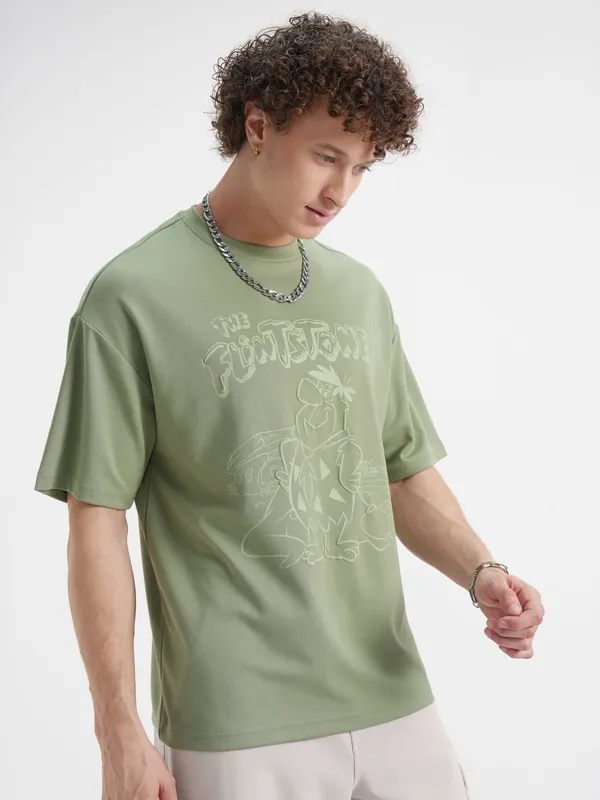 WB By Highlander Men Olive Flintstones Printed Round Neck Oversized Fit T-Shirt