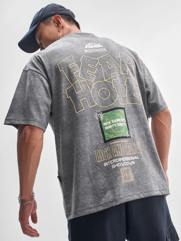 WB By Highlander Men Grey Rick and Morty Printed Round Neck Oversized Fit T-Shirt