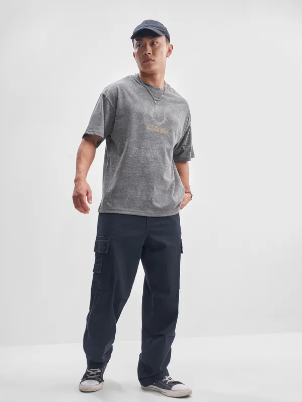 WB By Highlander Men Grey Rick and Morty Printed Round Neck Oversized Fit T-Shirt