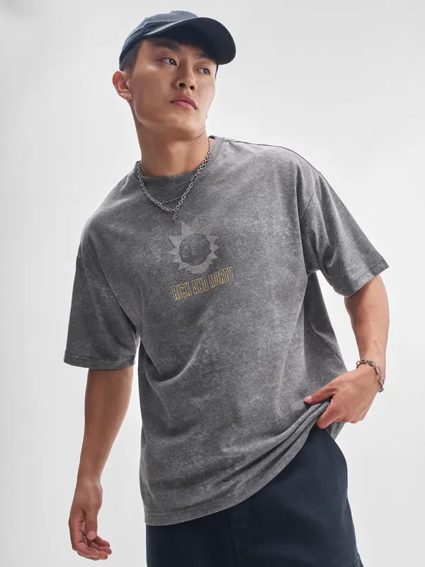 WB By Highlander Men Grey Rick and Morty Printed Round Neck Oversized Fit T-Shirt