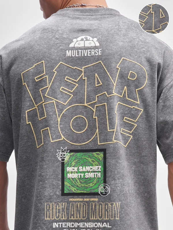 WB By Highlander Men Grey Rick and Morty Printed Round Neck Oversized Fit T-Shirt