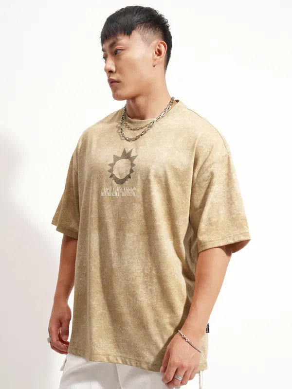 WB By Highlander Men Khaki Rick And Morty Printed Round Neck Oversized Fit T-Shirt