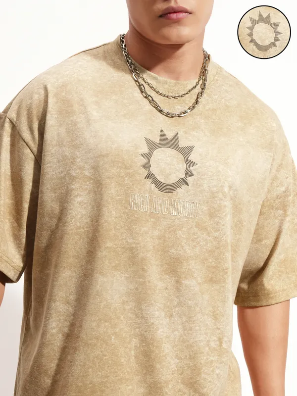 WB By Highlander Men Khaki Rick And Morty Printed Round Neck Oversized Fit T-Shirt