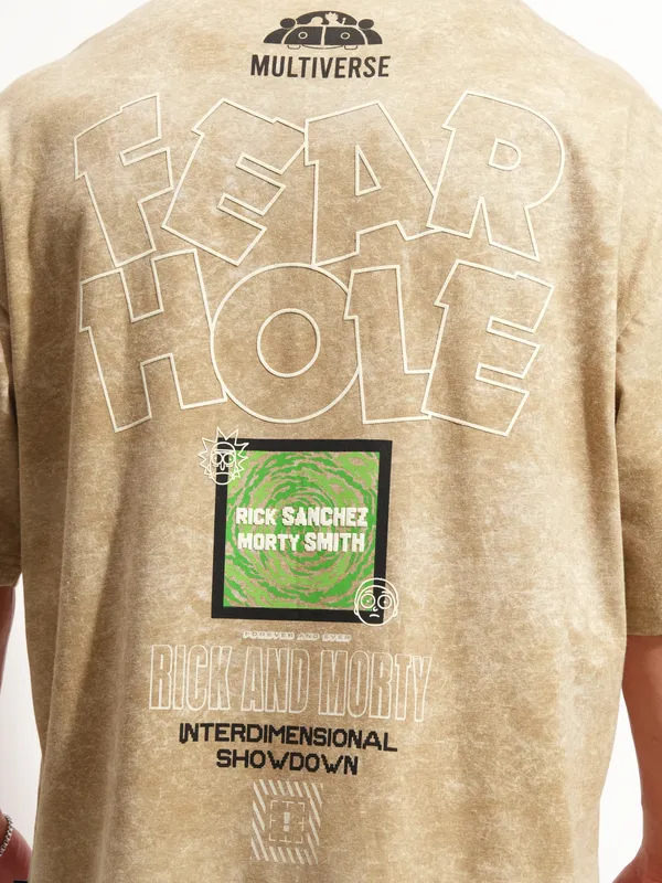 WB By Highlander Men Khaki Rick And Morty Printed Round Neck Oversized Fit T-Shirt