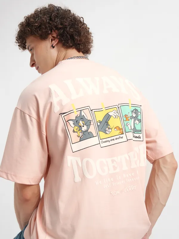 WB By Highlander Men Coral Tom And Jerry Printed Round Neck Oversized Fit T-Shirt