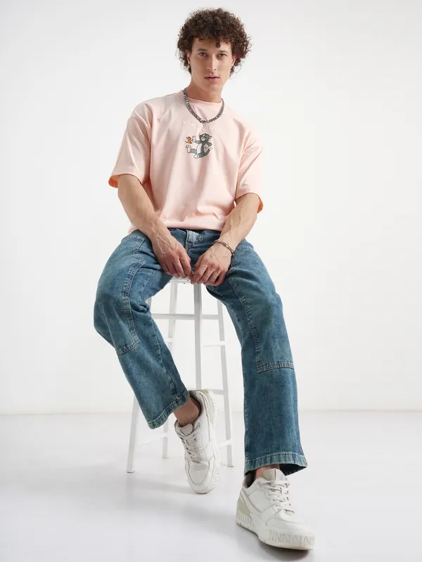 WB By Highlander Men Coral Tom And Jerry Printed Round Neck Oversized Fit T-Shirt