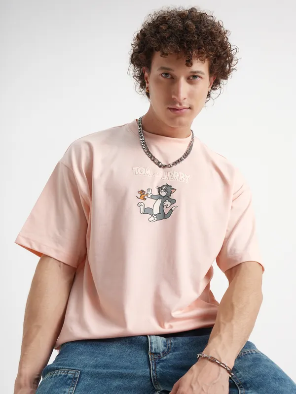 WB By Highlander Men Coral Tom And Jerry Printed Round Neck Oversized Fit T-Shirt