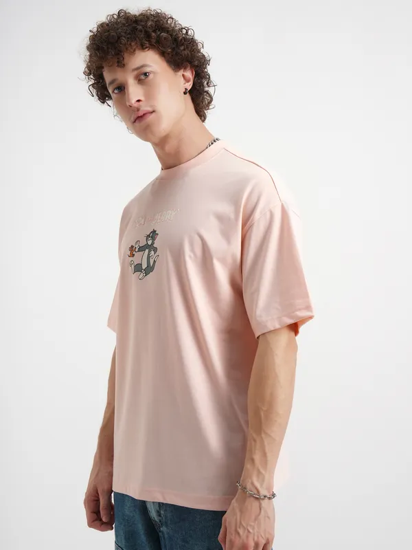WB By Highlander Men Coral Tom And Jerry Printed Round Neck Oversized Fit T-Shirt