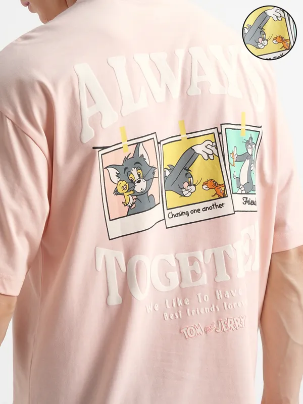 WB By Highlander Men Coral Tom And Jerry Printed Round Neck Oversized Fit T-Shirt