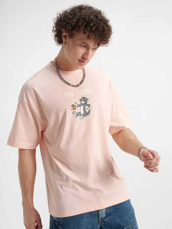 WB By Highlander Men Coral Tom And Jerry Printed Round Neck Oversized Fit T-Shirt
