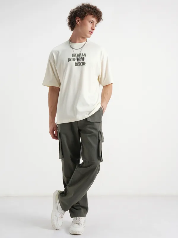 DC By Highlander Men Off White Batman Printed Round Neck Oversized Fit T-Shirt