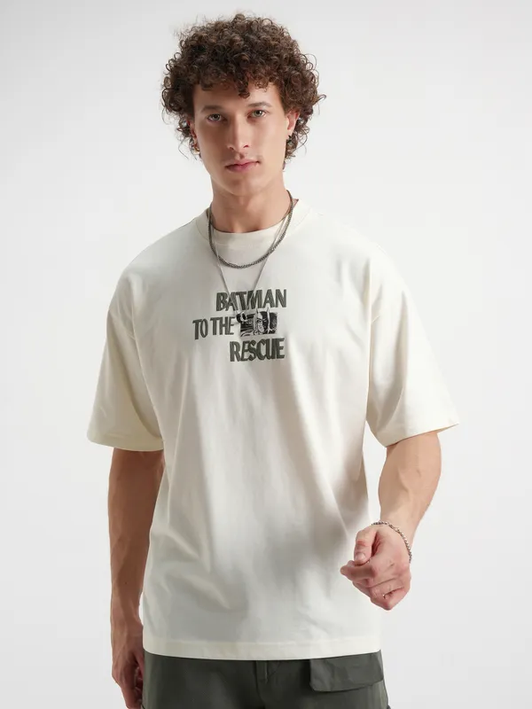 DC By Highlander Men Off White Batman Printed Round Neck Oversized Fit T-Shirt