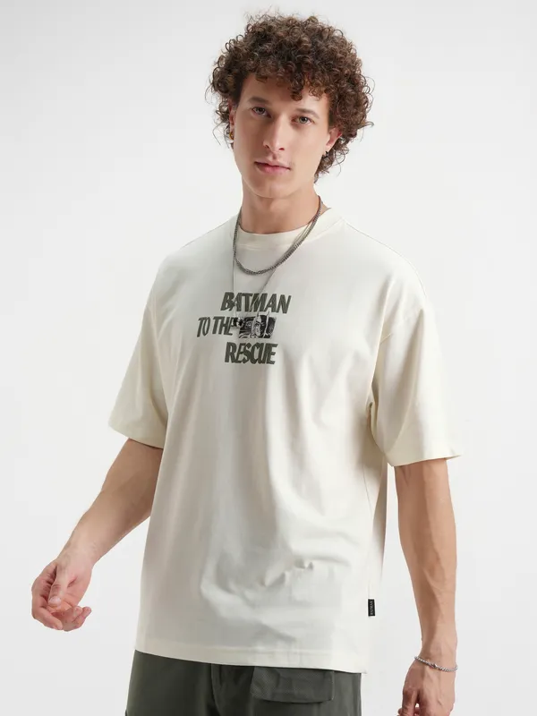DC By Highlander Men Off White Batman Printed Round Neck Oversized Fit T-Shirt