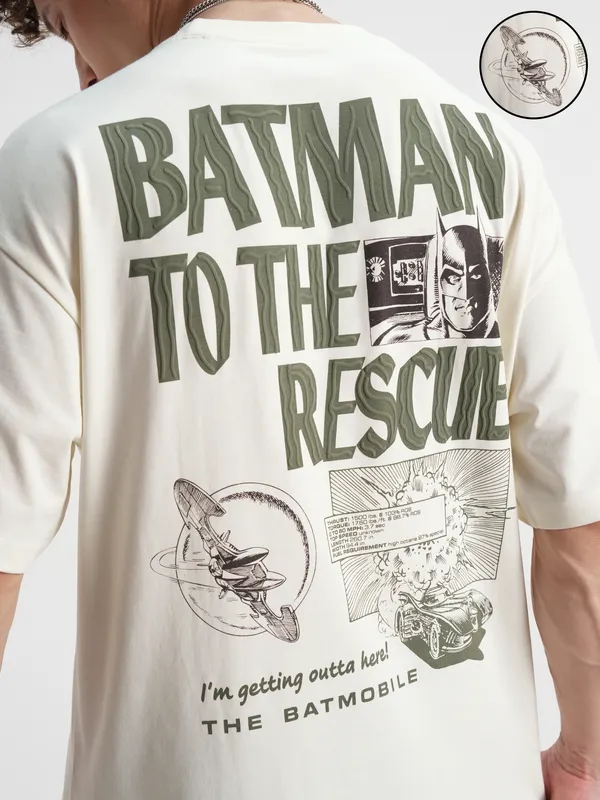 DC By Highlander Men Off White Batman Printed Round Neck Oversized Fit T-Shirt