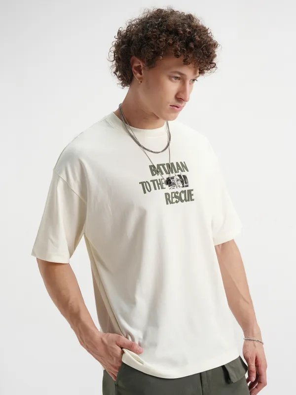 DC By Highlander Men Off White Batman Printed Round Neck Oversized Fit T-Shirt