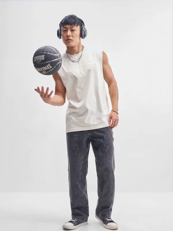 DC By Highlander Men White Batman Self Design Round Neck T-Shirt