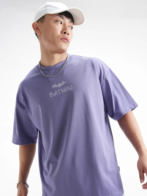 DC By Highlander Men Lavender Batman Printed Round Neck Oversized Fit T-Shirt