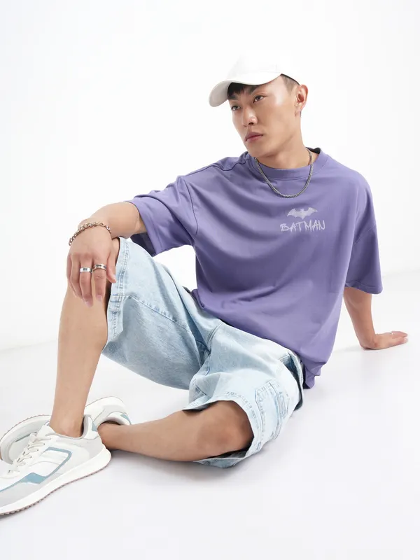 DC By Highlander Men Lavender Batman Printed Round Neck Oversized Fit T-Shirt