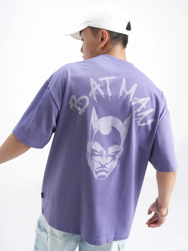 DC By Highlander Men Lavender Batman Printed Round Neck Oversized Fit T-Shirt
