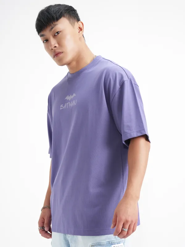 DC By Highlander Men Lavender Batman Printed Round Neck Oversized Fit T-Shirt