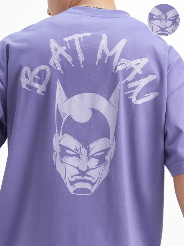 DC By Highlander Men Lavender Batman Printed Round Neck Oversized Fit T-Shirt