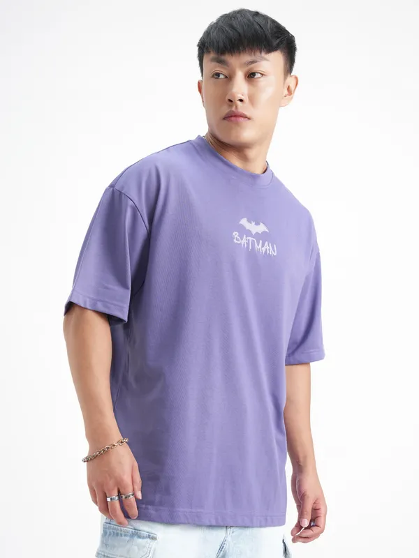 DC By Highlander Men Lavender Batman Printed Round Neck Oversized Fit T-Shirt