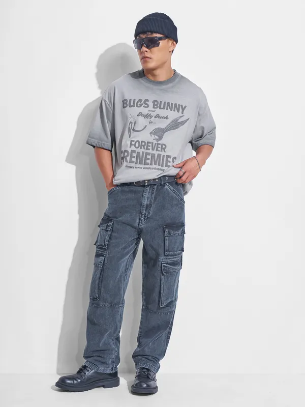 WB By Highlander Men Grey Looney Tunes Printed Round Neck Oversized Fit T-Shirt