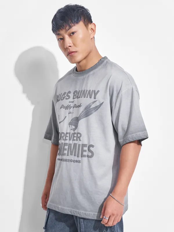 WB By Highlander Men Grey Looney Tunes Printed Round Neck Oversized Fit T-Shirt