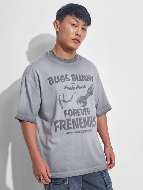 WB By Highlander Men Grey Looney Tunes Printed Round Neck Oversized Fit T-Shirt