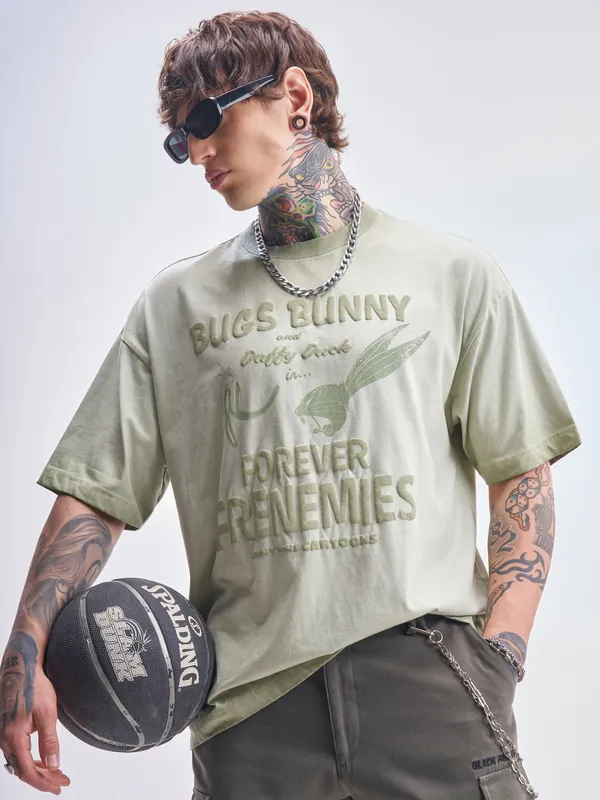 WB By Highlander Men Green Looney Tunes Printed Round Neck Oversized Fit T-Shirt