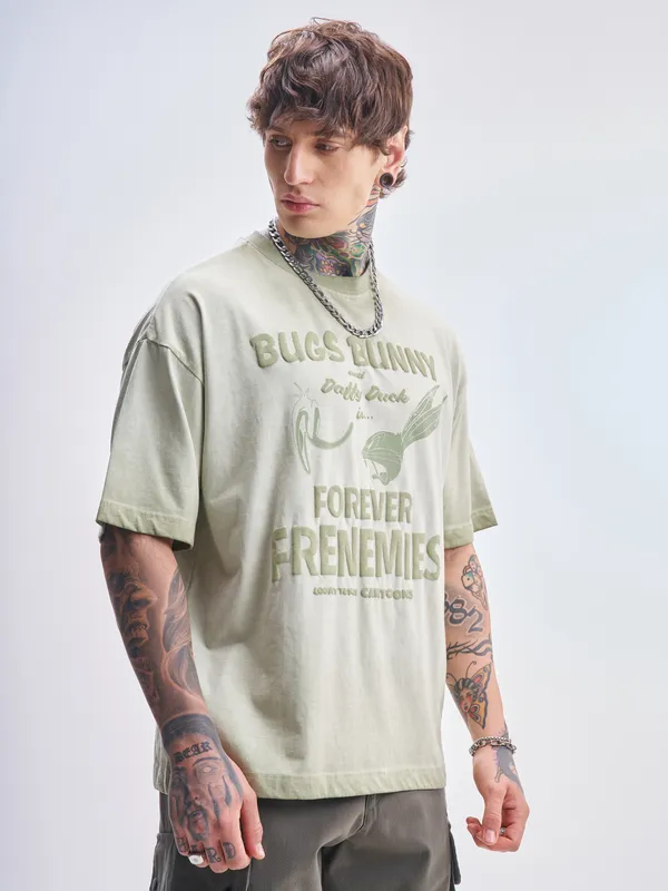 WB By Highlander Men Green Looney Tunes Printed Round Neck Oversized Fit T-Shirt