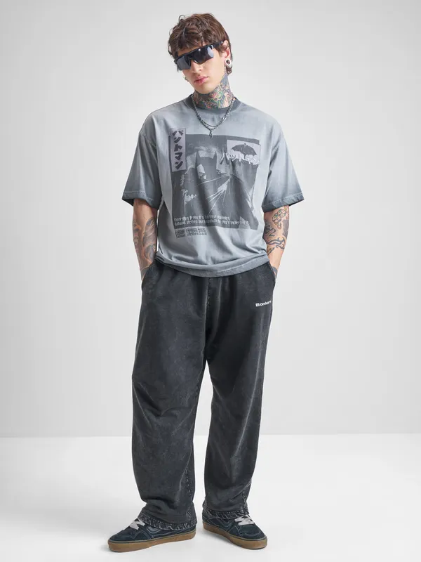 DC By Highlander Men Grey Batman Printed Round Neck Oversized Fit T-Shirt