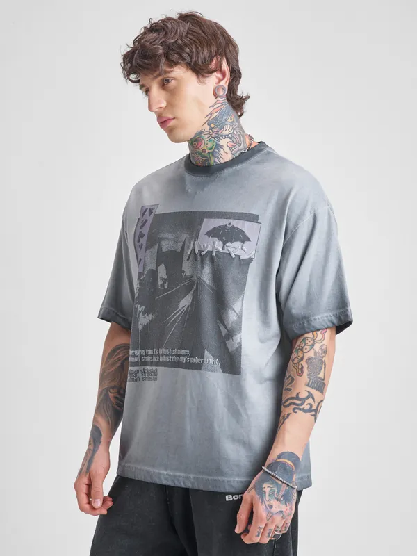 DC By Highlander Men Grey Batman Printed Round Neck Oversized Fit T-Shirt