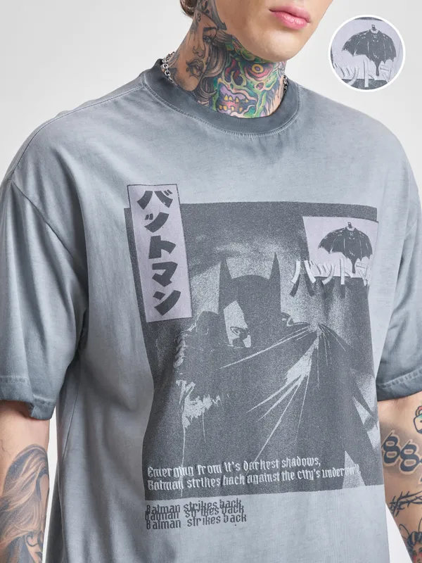 DC By Highlander Men Grey Batman Printed Round Neck Oversized Fit T-Shirt