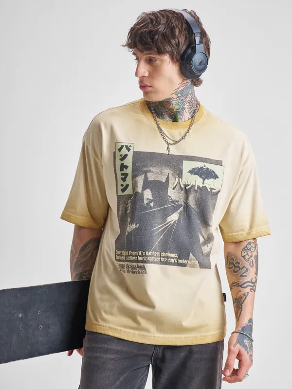 DC By Highlander Men Brown Batman Printed Round Neck Oversized Fit T-Shirt
