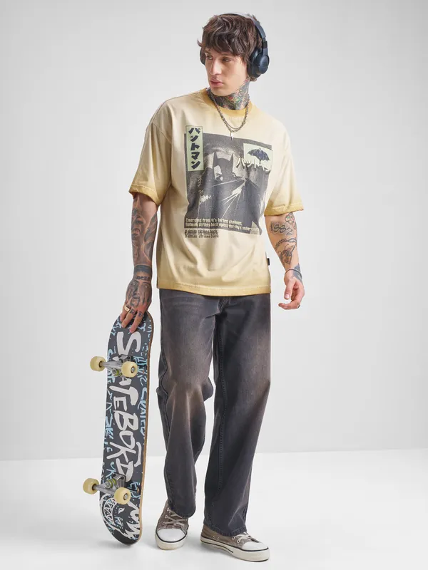 DC By Highlander Men Brown Batman Printed Round Neck Oversized Fit T-Shirt