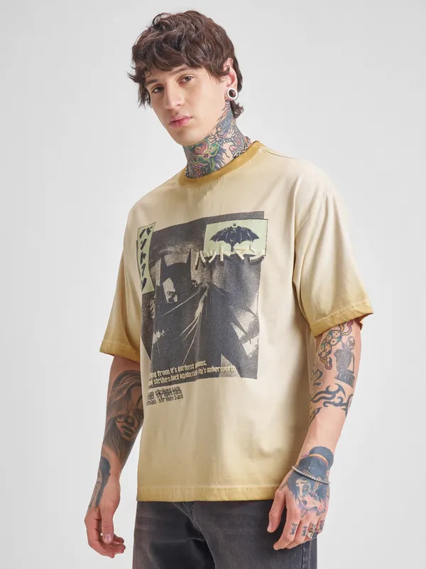 DC By Highlander Men Brown Batman Printed Round Neck Oversized Fit T-Shirt