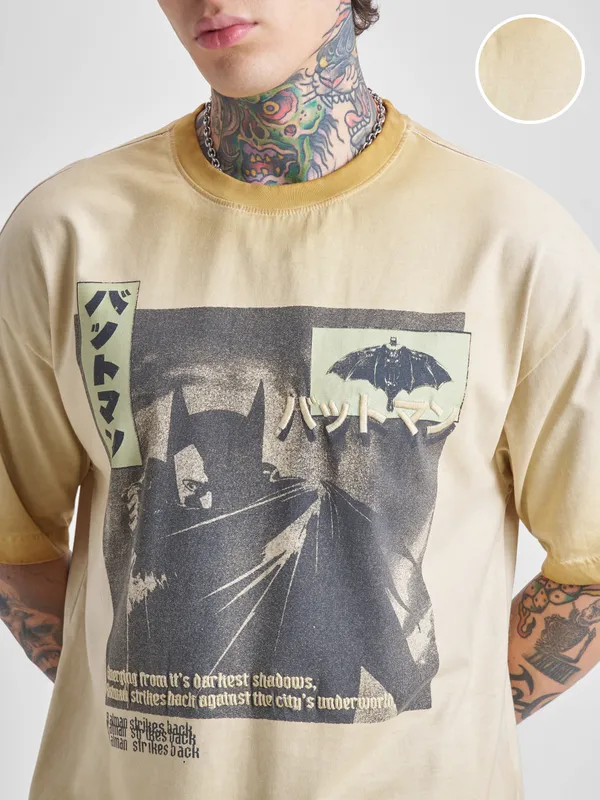 DC By Highlander Men Brown Batman Printed Round Neck Oversized Fit T-Shirt