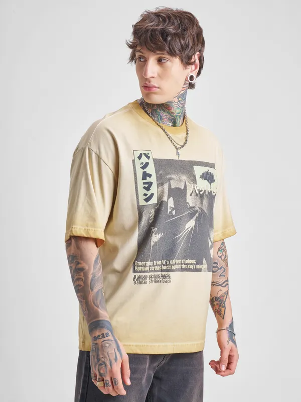DC By Highlander Men Brown Batman Printed Round Neck Oversized Fit T-Shirt