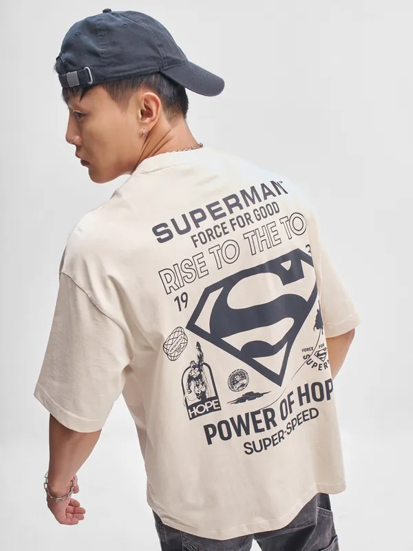 DC By Highlander Men Cream Superman Printed Round Neck Oversized Fit T-Shirt