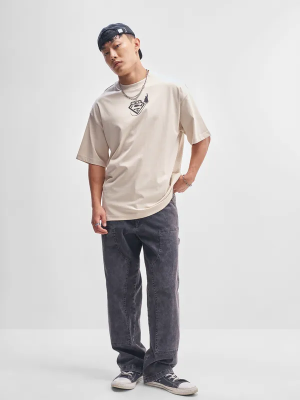 DC By Highlander Men Cream Superman Printed Round Neck Oversized Fit T-Shirt