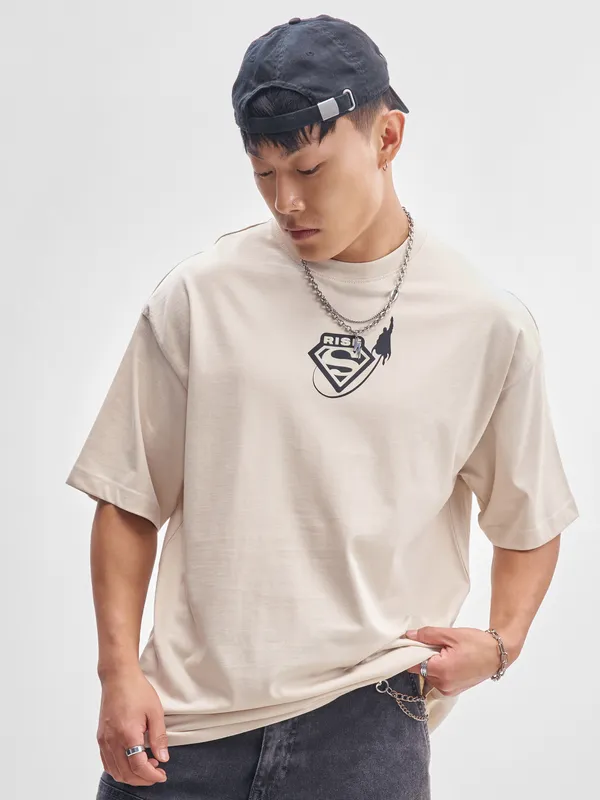 DC By Highlander Men Cream Superman Printed Round Neck Oversized Fit T-Shirt
