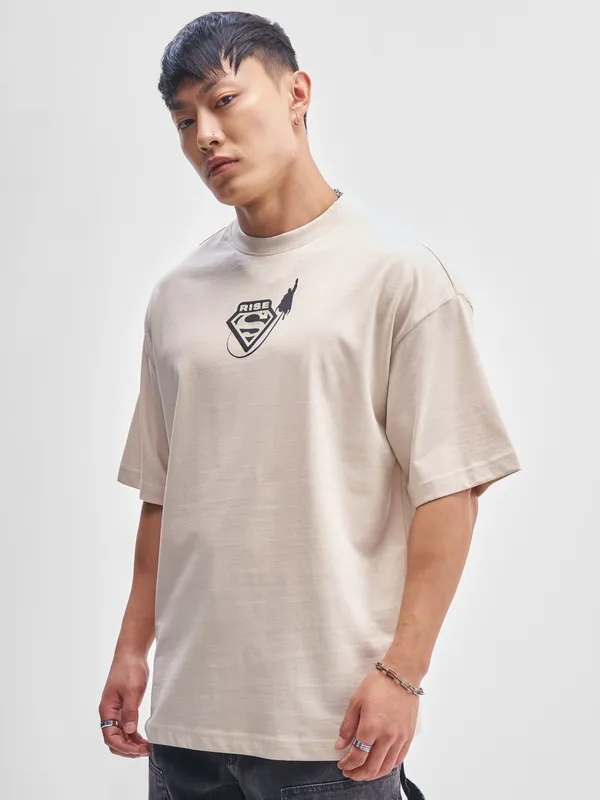 DC By Highlander Men Cream Superman Printed Round Neck Oversized Fit T-Shirt