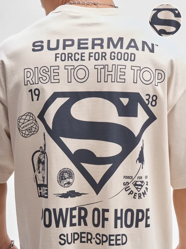 DC By Highlander Men Cream Superman Printed Round Neck Oversized Fit T-Shirt