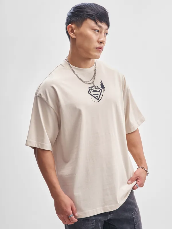 DC By Highlander Men Cream Superman Printed Round Neck Oversized Fit T-Shirt